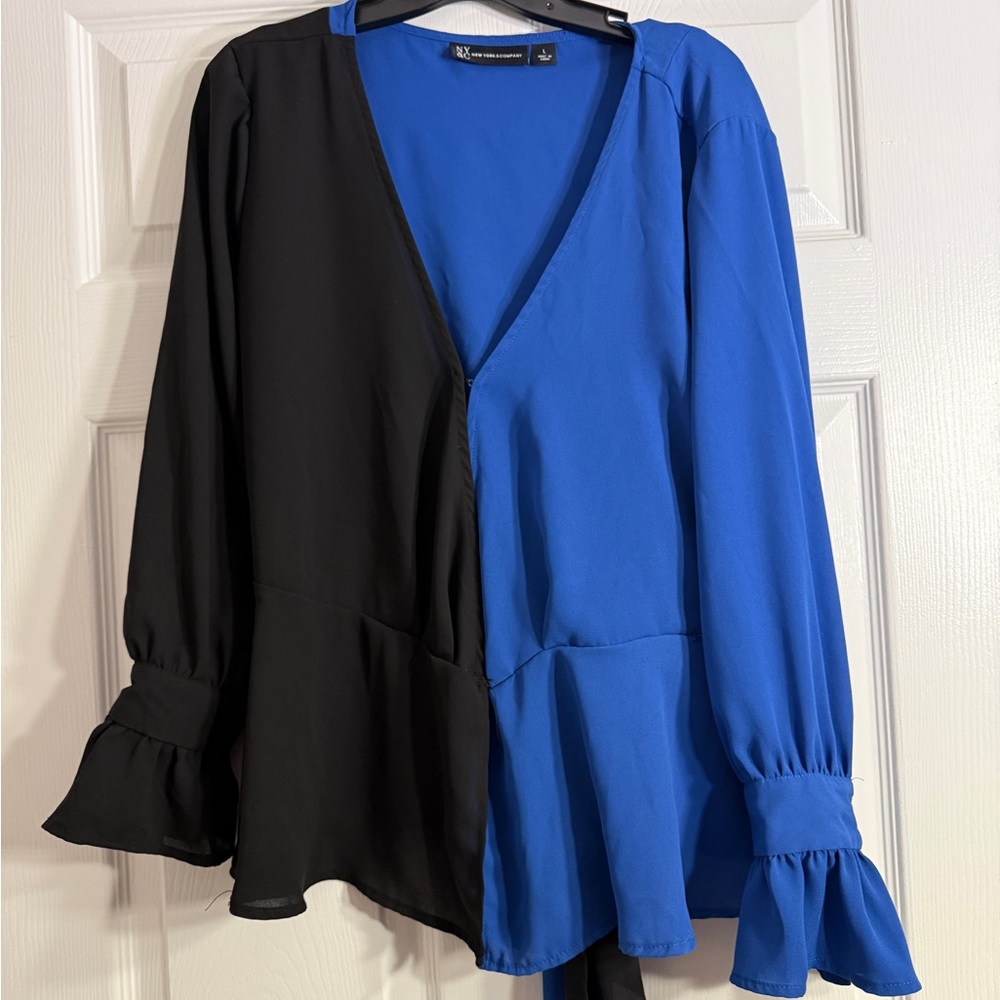 New York & Company Black and Royal Blue Colorblock V-Neck Peplum Blouse